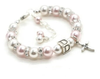 Pink Pearl Baby Bracelet, Baby Girl Baptism Bracelet, Personalized Baptism Gift, Newborn Baby Gift, Baby Cross Bracelet, Christening Gift