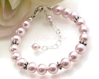 Pearl Baby Bracelet, Swarovksi®, Sterling Silver Daisy Spacers, Adjustable Toddler Jewelry