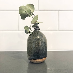 Może przedstawiać: Mały, ręcznie robiony ceramiczny wazon z ciemnozieloną i czarną nakrapianą glazurą. Wazon ma zaokrąglony korpus i wąską szyjkę, z naturalną, nieszkliwioną podstawą. Zawiera gałązkę liści eukaliptusa.