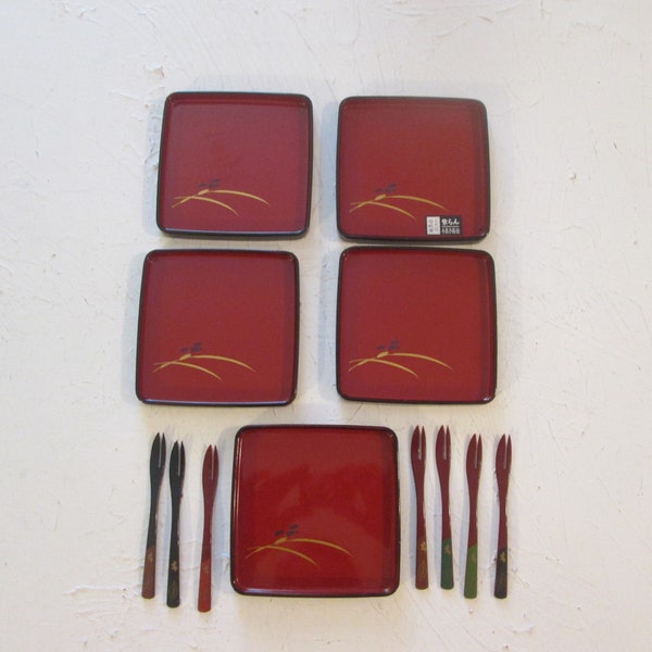 Set of 5 Square Plastic Japanese Serving Platters 7 Utensils Sushi Plates Japan Art Hors d'oeuvre Plate Asian Spork Appetizer Bento Plate