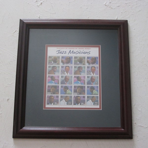 Vintage 1990s Framed And Matted Sheet of Legends of American Music Series Jazz Musicians US Postage Stamps Louis Armstrong Coltrane Mingus