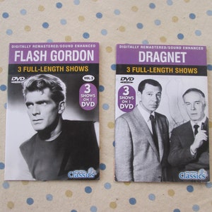 Par de clásicos de la televisión vintage DVDs 1950s TV Shows 3 Dragnet Episodios 3 Flash Gordon Episodios Chesterfield Cigarrillo Marihuana Histeria