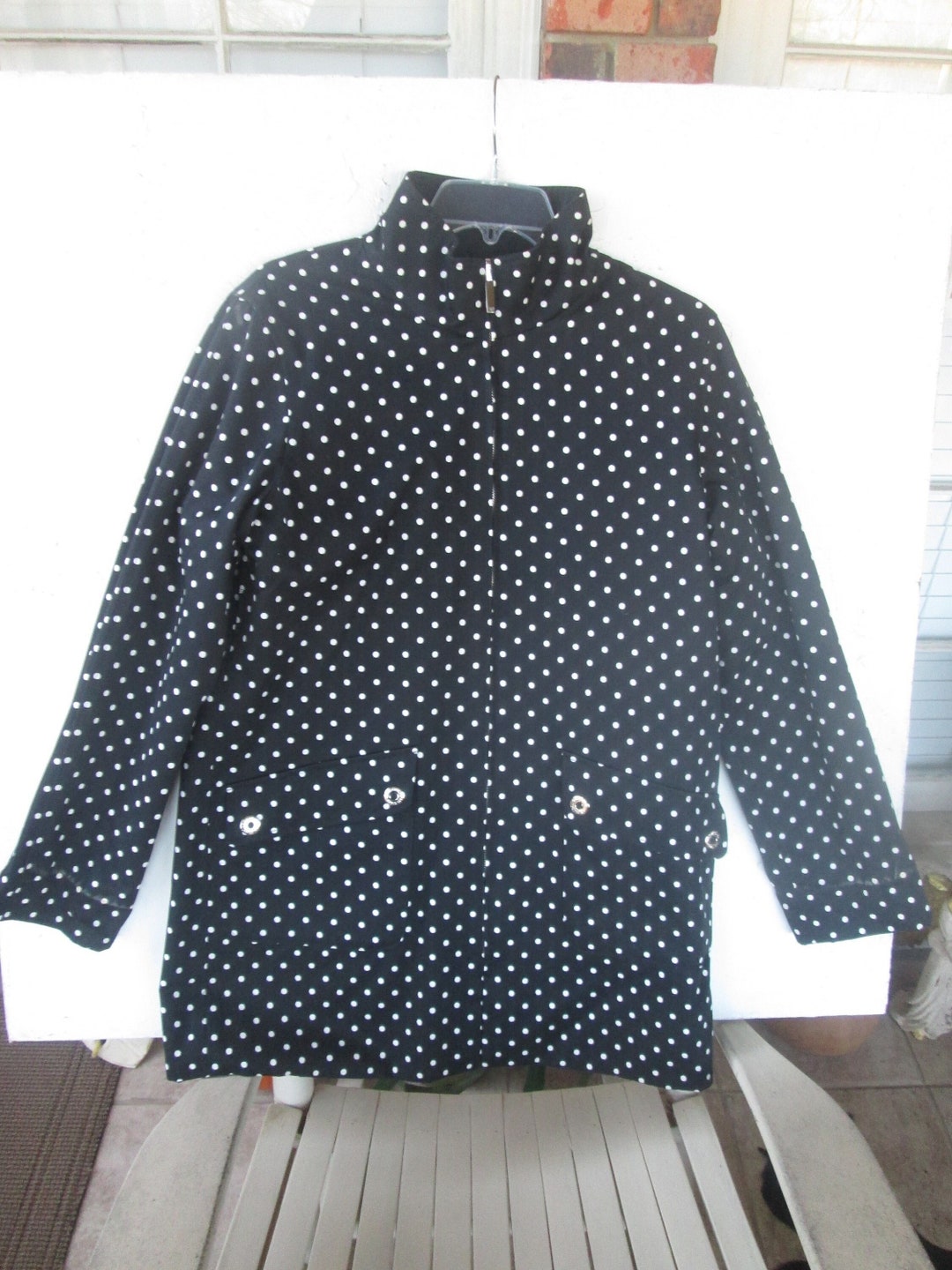 Vintage Jones New York Signature Reversible Navy Blue White Polka Dot Jacket Women s Medium Navy Overcoat Windbreaker Light Rain Jacket Etsy