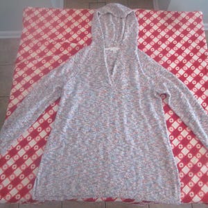 May include: A light gray hooded sweater with a multicolored flecked pattern. The sweater has a v-neck and a relaxed fit.