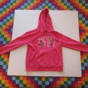 Vintage 1990s Aeropostale 1987 Hoodie Women&#39;s Medium Pink Sweatshirt Embroidery Flowers Hoodie With Hand Warming Pocket Cotton/Poly Blend