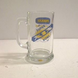 Vintage 1985 Super Bowl XIX Glass Beer Mug Parkay Flavor Says Butter Football NFL San Francisco 49ers Miami Dolphins Stanford California USA
