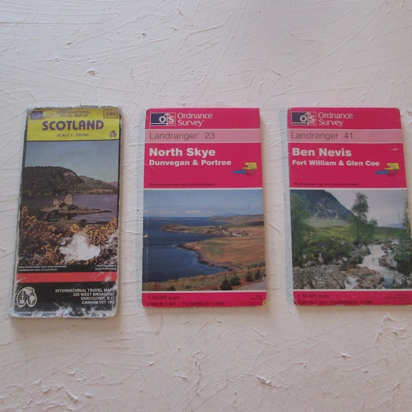 Three Vintage 1990s Maps of Scotland Ordnance Survey Landranger 41 Ben Nevis Fort William Glen Coe Landranger 23 North Skye Dunvegan Portee