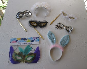 Lot of 7 Mardi Gras Masks Costume Accessories Masquerade Masks Gold Prismatic Tiara Bunny Ears Feather Mask Halloween New Year's Fat Tuesday