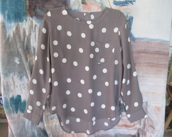 J Jill Petite Polka Dot Blouse, Long Sleeve Taupe Top