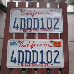 Vintage Pair o California Sesquicentennial License Plates Y2K 4DDD102 150 Years 1850-2000 Distressed Used November 2008 California Lipstick