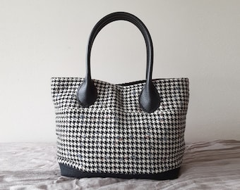 Wool Houndstooth Check Handbag Handstitched Hand Quilted Fabric Handbag With Leather Handle Magnetic Closure Christmas Gift