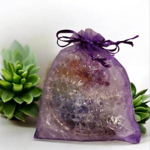 May include: A purple organza gift bag filled with colorful gemstones. The bag is tied with a matching purple ribbon. A green succulent plant is visible in the background.