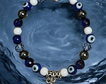 Evil Eye Amulet Protection, Luck & Blessings Quality Stretch Bracelet.  Spiritual OM, Evil Eye, Hamsa, Natural Hematite, Glass Crystal Beads