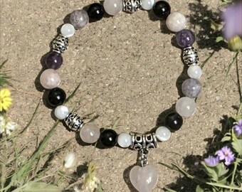 Natural Stone Stretch Bracelet, Rose Quartz, Black Onyx, Lepidolite, MOP, Pink Opal