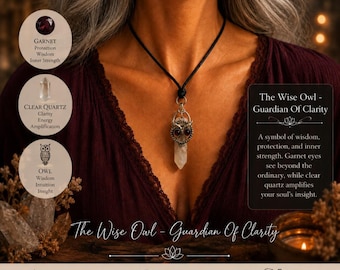 Natural Clear Quartz Owl Pendant With Garnet Eyes/ "The Wise Owl - Guardian Of Clarity Necklace/Master Healer/Intuition/Protection