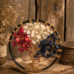 Tree Of Life Red, White And Blue Natural Gemstone & Crystal Rearview Mirror Hanging Sun Catcher Charm - Optional Air Freshner Charm image 1