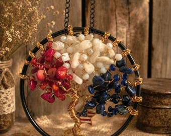 Tree Of Life Red, White And Blue Natural Gemstone & Crystal Rearview Mirror Hanging Sun Catcher Charm - Optional Air Freshner Charm