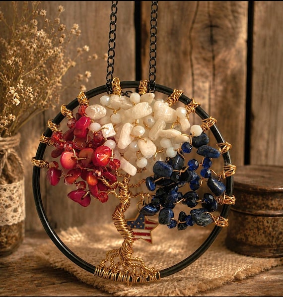 Tree Of Life Red, White And Blue Natural Gemstone & Crystal Rearview Mirror Hanging Sun Catcher Charm - Optional Air Freshner Charm