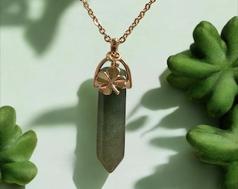 Natural Green Aventurine Four Leaf Clover Necklace, Handmade Irish Crystal Pendant