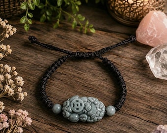 Hand-Carved Green Jade Pixiu Bracelet | Adjustable Cord Bracelet | Feng Shui Wealth & Protection Charm| Pi Yao Chinese Character