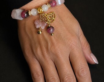 Chunky Rose Quartz, Clear Quartz & Cherry Blossom Rhodonite Bracelet "Lotus Cherry Blossom" Metaphysical, Healing, Boho, Reiki,