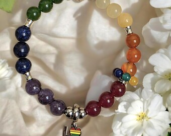 Rainbow Pride LGBTQ Love Charm Stretch Bracelet,Natural Gemstone, Fidget Spinner, Love Is Love, Rainbow Bracelet, Handmade, Chakra