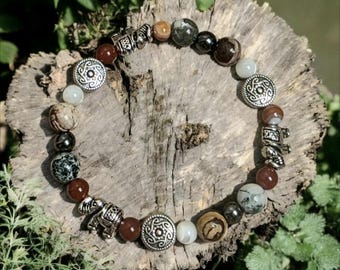 Handmade Elephant Safari Bracelet, Jasper Carnelian Agate Mother Pearl, Luck Prosperity Wisdom