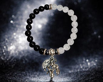 Natural Stone " Evil's Angel Lovers" Quality Stretch Bracelet, White Jade & Black Onyx. Protection, Purity and Love