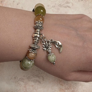 Pulsera elástica con cuentas gruesas de jade Xiu, amatista, sanador dorado y citrino "Flores de Luna", cuentas de cristal natural, metafísica, sanadora, bohemia.