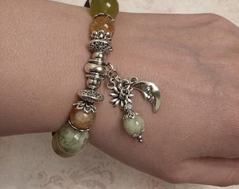 Chunky Xiu Jade,Amethyst,Golden Healer & Citrine "Moon Flowers," Beaded Stretch Bracelet, Natural Crystal Beads, Metaphysical, Healing, Boho