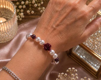 Pink Shell Pearl Bracelet With Natural Garnet Beads & Cinnabar Rose "The Enchanted Rose" Wedding, Bridesmaids, Pearl Bracelet, Gift For Her
