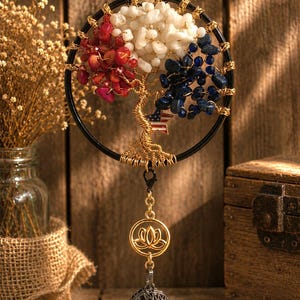 Tree Of Life Red, White And Blue Natural Gemstone & Crystal Rearview Mirror Hanging Sun Catcher Charm - Optional Air Freshner Charm image 6