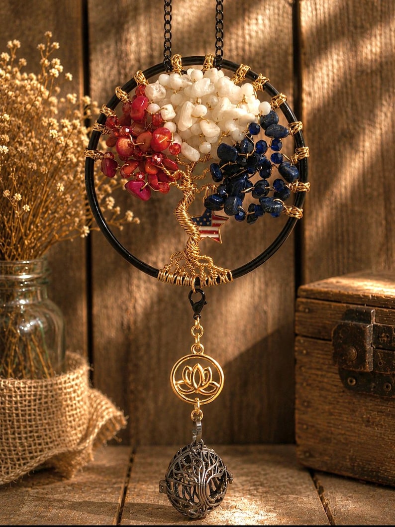 Tree Of Life Red, White And Blue Natural Gemstone & Crystal Rearview Mirror Hanging Sun Catcher Charm - Optional Air Freshner Charm image 6