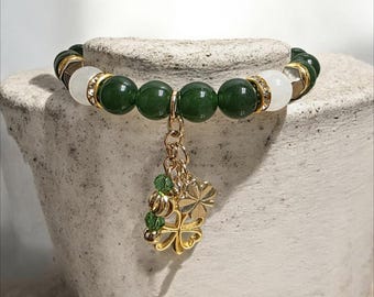 Natural Green & White Jade With Golden Hematite Stretch Bracelet For Good Luck, Prosperity, Protection And Mental Clarity, Irish Jewlery
