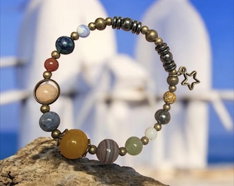 Natural Gemstone Beaded Solar System Planets Stretch Bracelet, Hand Made, Astronomy, Cosmic Connection, Universal Star, Spiritual Connection