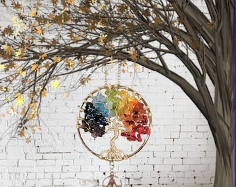 Chakra Tree Of Life Natural Gemstone & Crystal Rearview Mirror Hanging Air Freshener Sun Catcher Charm