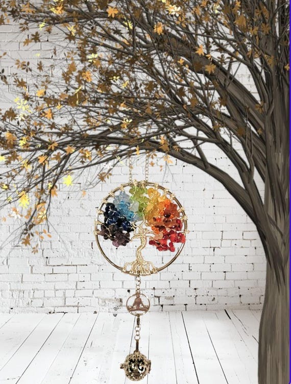 Chakra Tree Of Life Natural Gemstone & Crystal Rearview Mirror Hanging Air Freshener Sun Catcher Charm