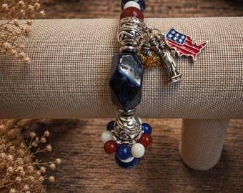 Patriotic 250th Celebration Chunky Natural Crystal Bracelet Red White & Blue/USA/ Lapis Lazuli/Mother Of Pearl/Sodalite/Cinnabar/America