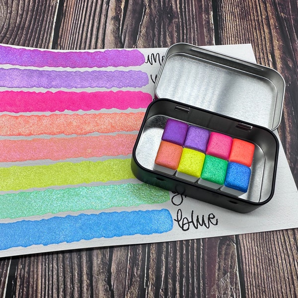 Summer Time Neons 8 Color Set 2ml Half Pan Size Handmade Watercolor Hydracolour Artist Paint Palette