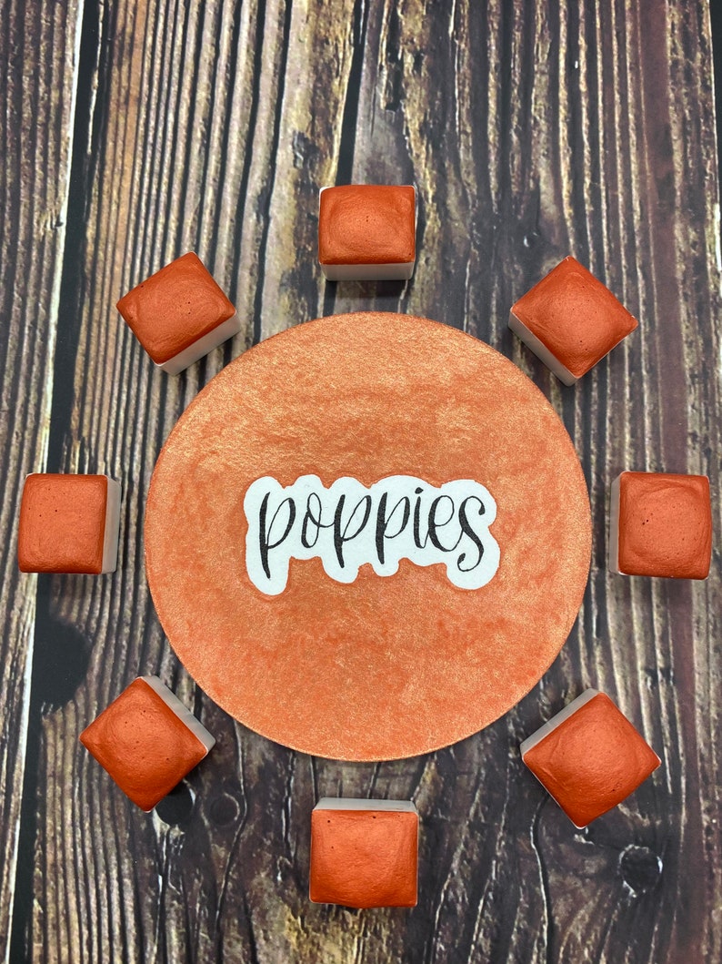Poppies Orange Shimmer/Metallic Handmade Watercolor Half Pan Single image 2