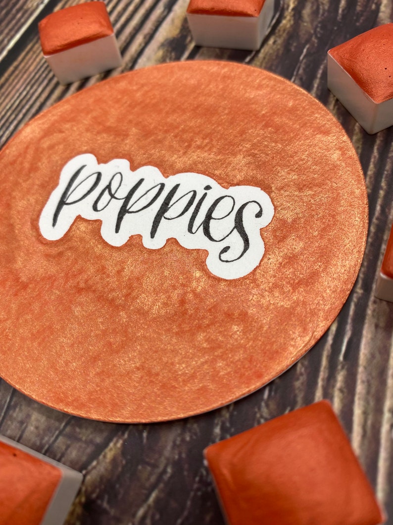 Poppies Orange Shimmer/Metallic Handmade Watercolor Half Pan Single image 3