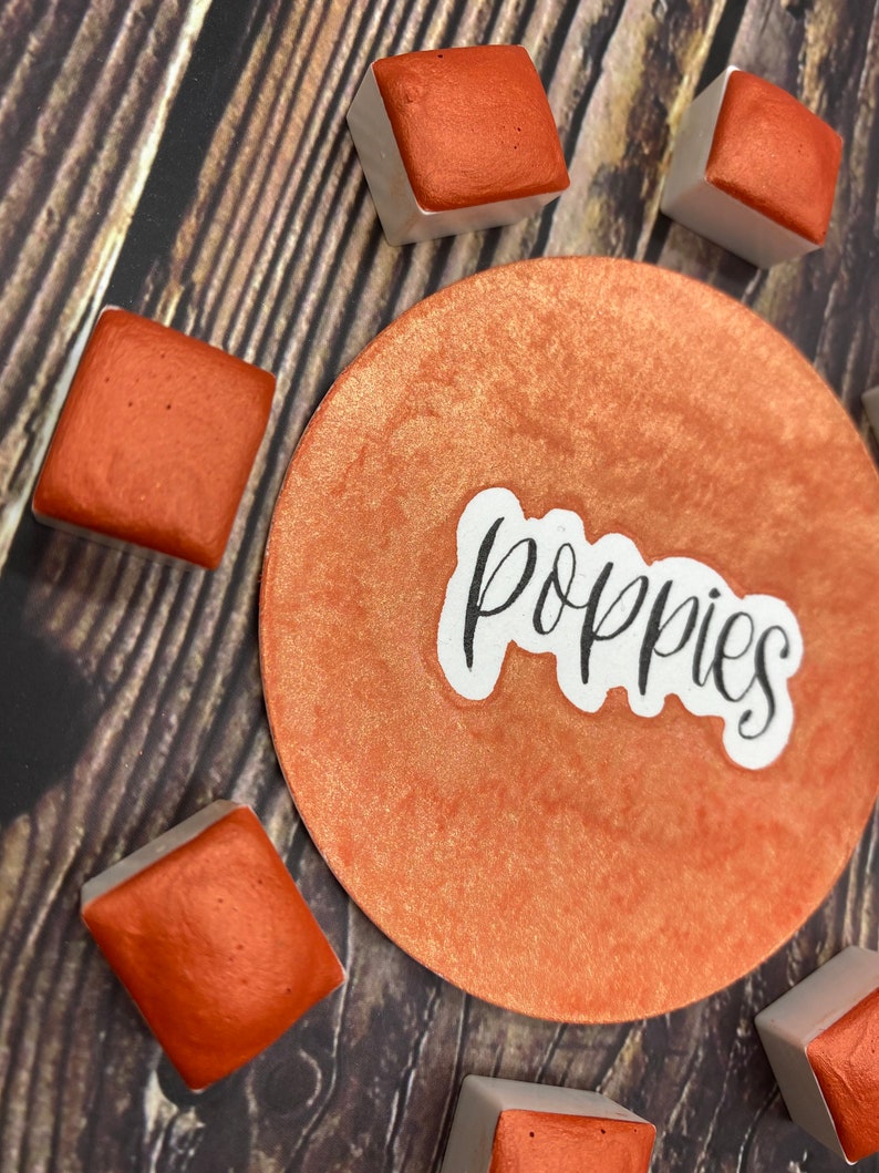 Poppies Orange Shimmer/Metallic Handmade Watercolor Half Pan Single image 6