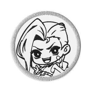 May include: Embroidered patch featuring a black and white cartoon character with a mischievous expression. The character has spiky hair and is giving a peace sign. The patch has a white background and a gray stitched border.