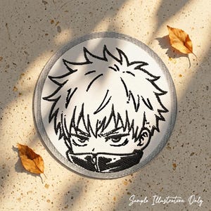 May include: A circular embroidered patch featuring a black and white graphic illustration of an anime character with spiky hair and a face mask. The design is rendered in high-contrast black thread on a white fabric background with a grey border.