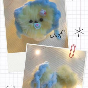 May include: A plush toy dog in yellow and blue, with a pacifier and a small bow. The image includes the text "Hi there! I'm Milk" and "Woof!" and "Best Pup Ever!"