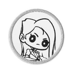May include: Black and white line drawing of a cartoon girl with long hair, wearing a collared shirt. The drawing is on a white background with a gray border.