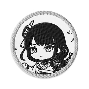 May include: A circular embroidered patch featuring a black and white anime-style character portrait. The design shows a figure with short dark hair, a hair accessory, and traditional clothing, all rendered in detailed black thread on a white background.