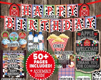 PRINTABLE Farm Birthday, Farm Birthday Decorations, Barnyard Birthday Package, Birthday Party Supplies, Cow Birthday Party, Instant Download