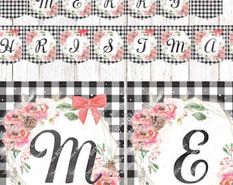 Printable Merry Christmas Buffalo Check Banner, Black & White Christmas Banner, Buffalo Check Christmas Banner