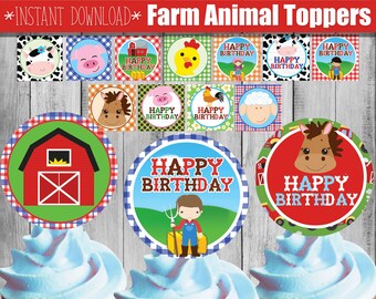 Farm Birthday, Farm 1st Birthday, Farm Cupcake Toppers, Farm Animal Party Printable, Red Farm Cupcake Toppers, DIY, Instant Download